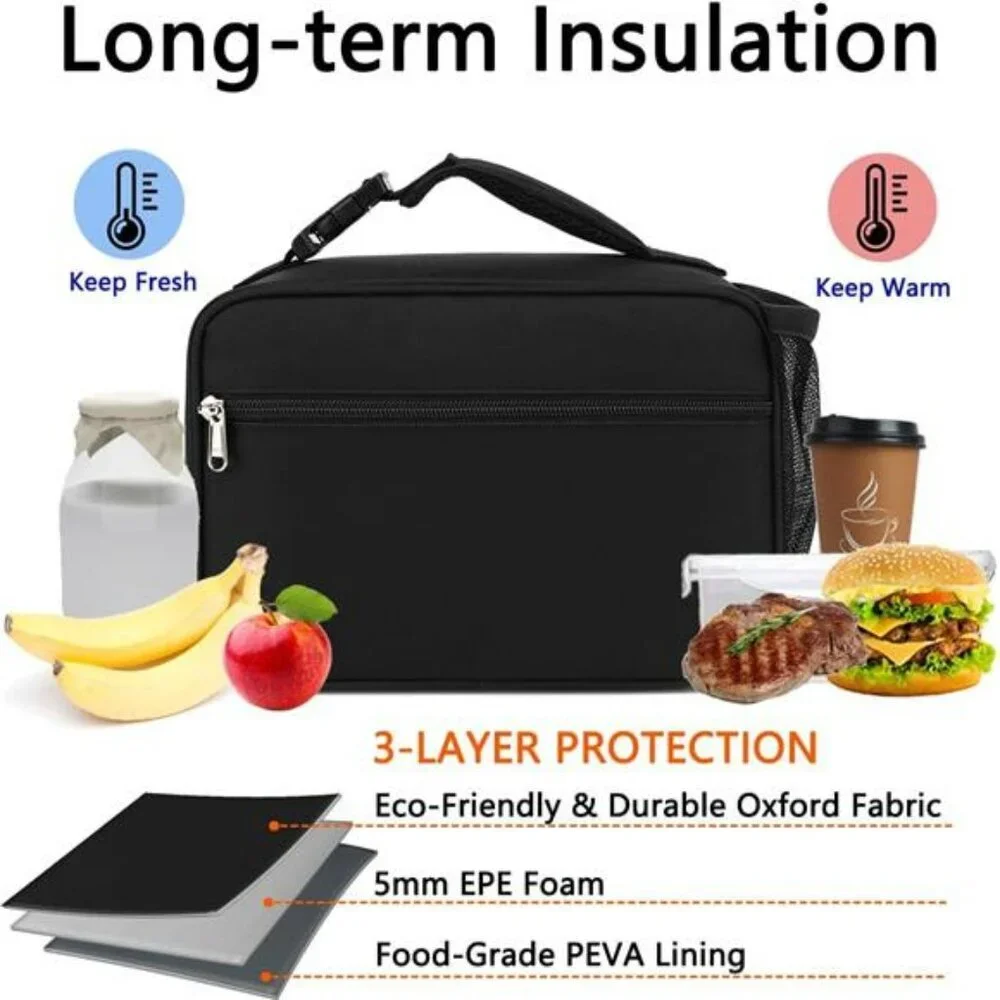 Black Insulated Lunch Box Bag for Kids Adults School Work Picnic Travel Cooler